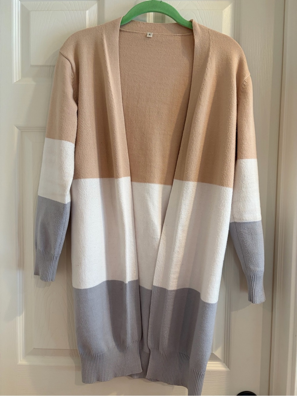 Colorblock Boutique Open-Front Cardigan Sweater - Beige White Gray-Small